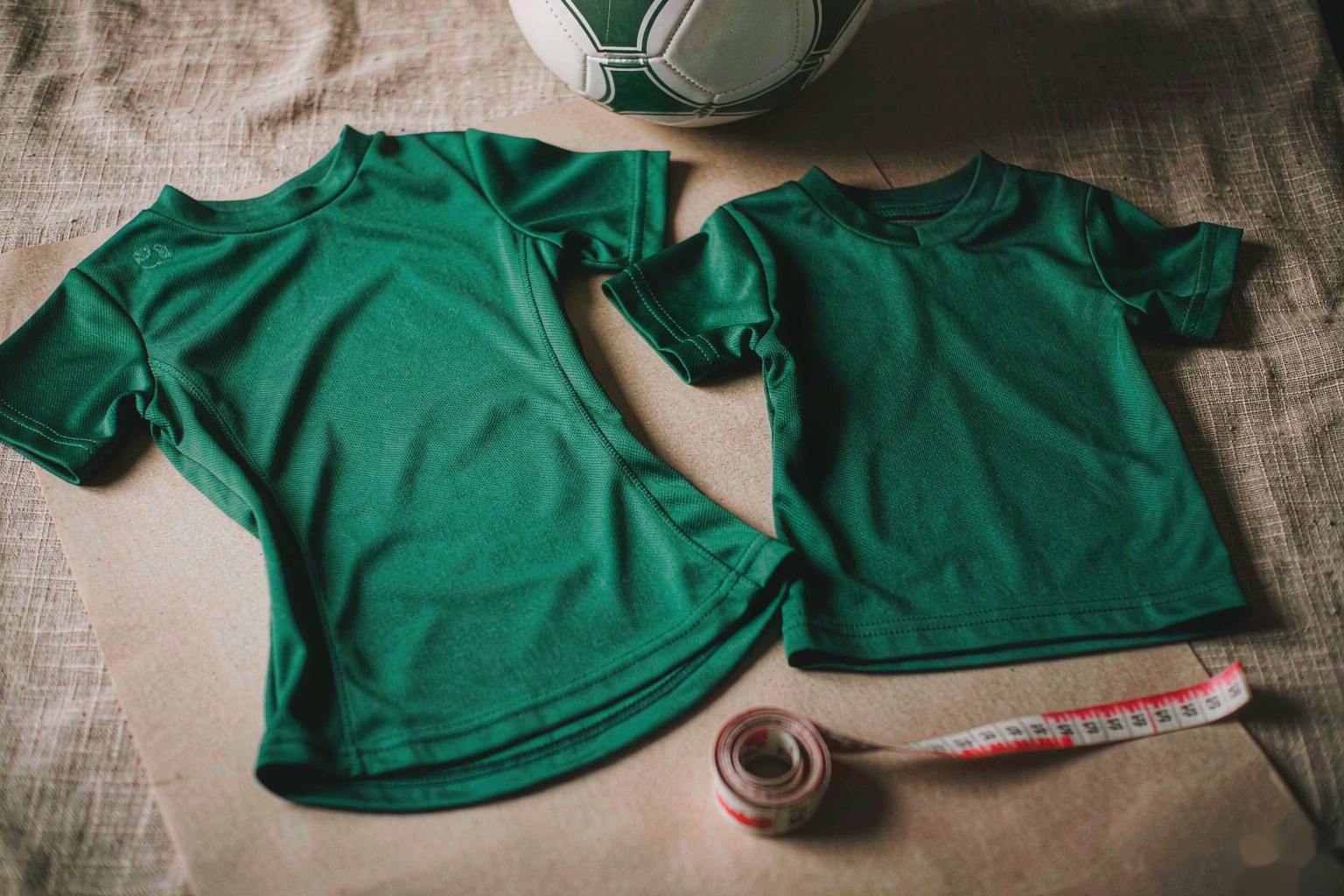 A women's and a youth soccer shirt laid side by side