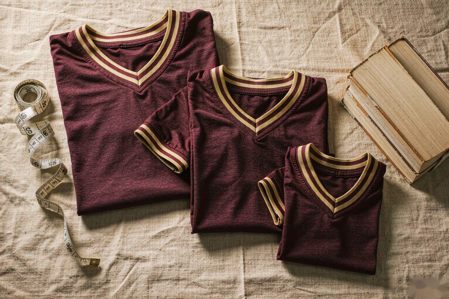 Adult, youth and toddler college jerseys laid in a row