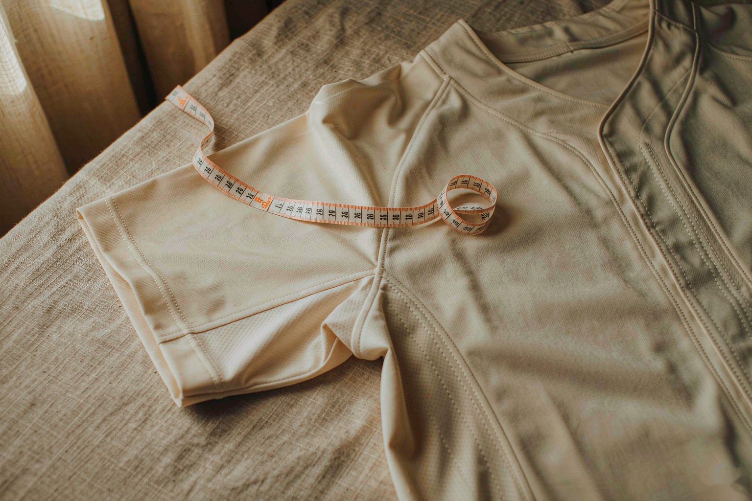 A measuring tape laid across the chest of a folded jersey