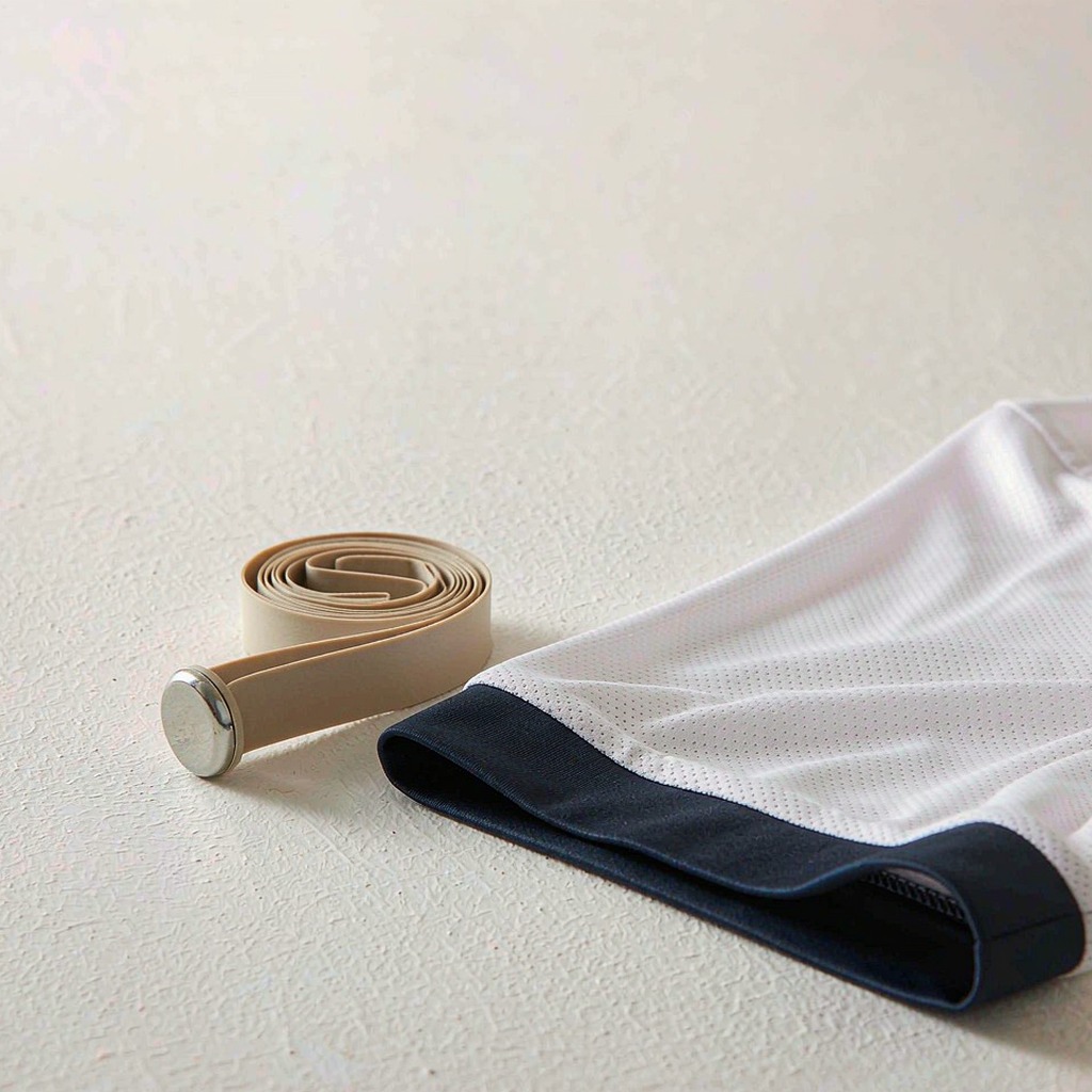 Blank unmarked measuring tape coiled beside a folded football shirt