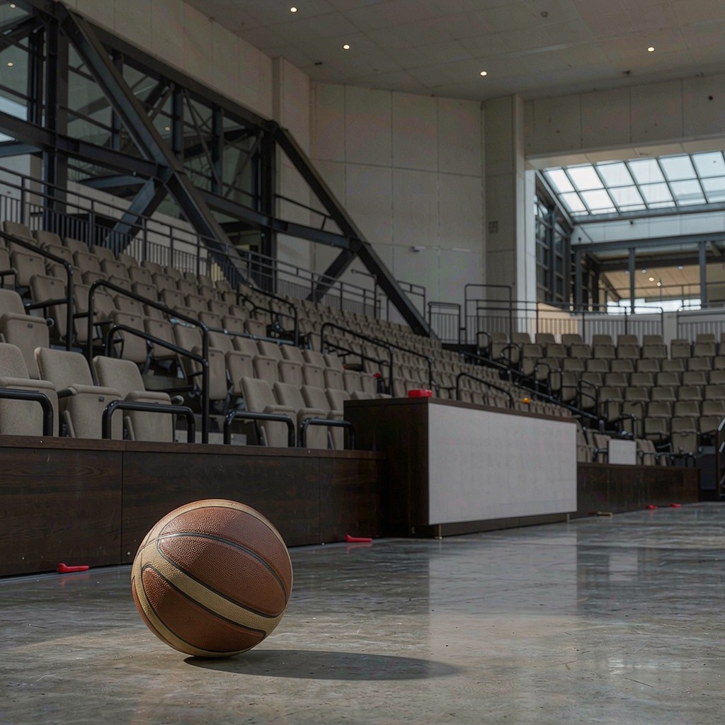Basketball arena concourse in low evening light