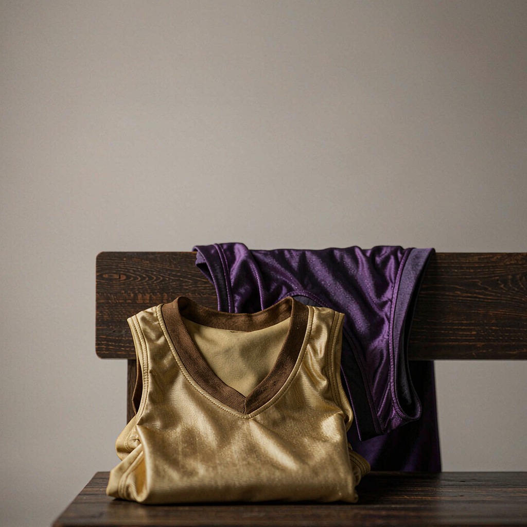 Folded basketball jerseys in gold and purple on a bench