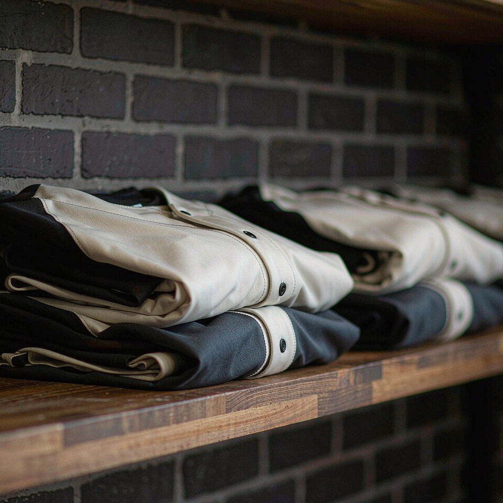 Row of folded baseball jerseys on a clubhouse shelf