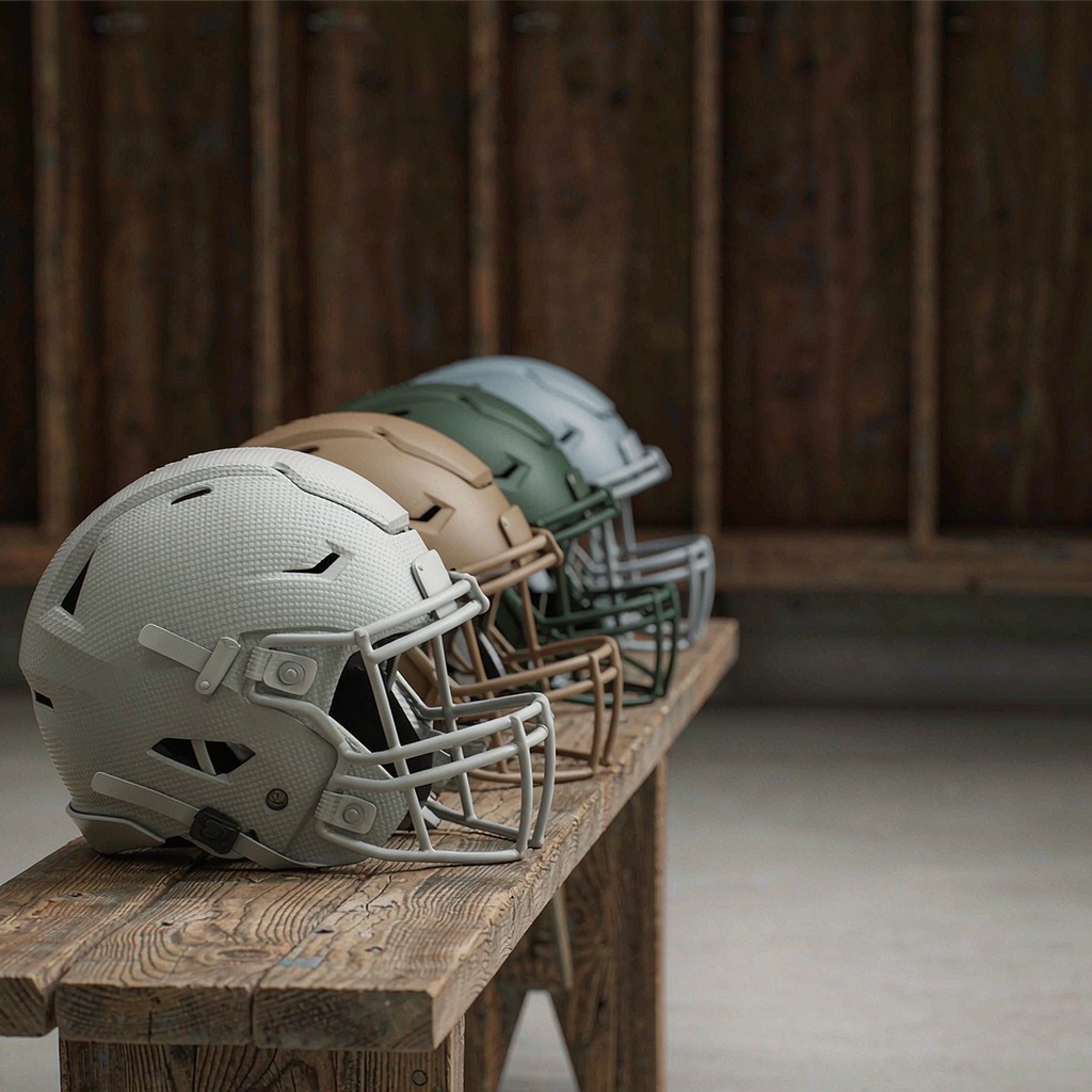 Row of American football helmets on a bench in a locker room
