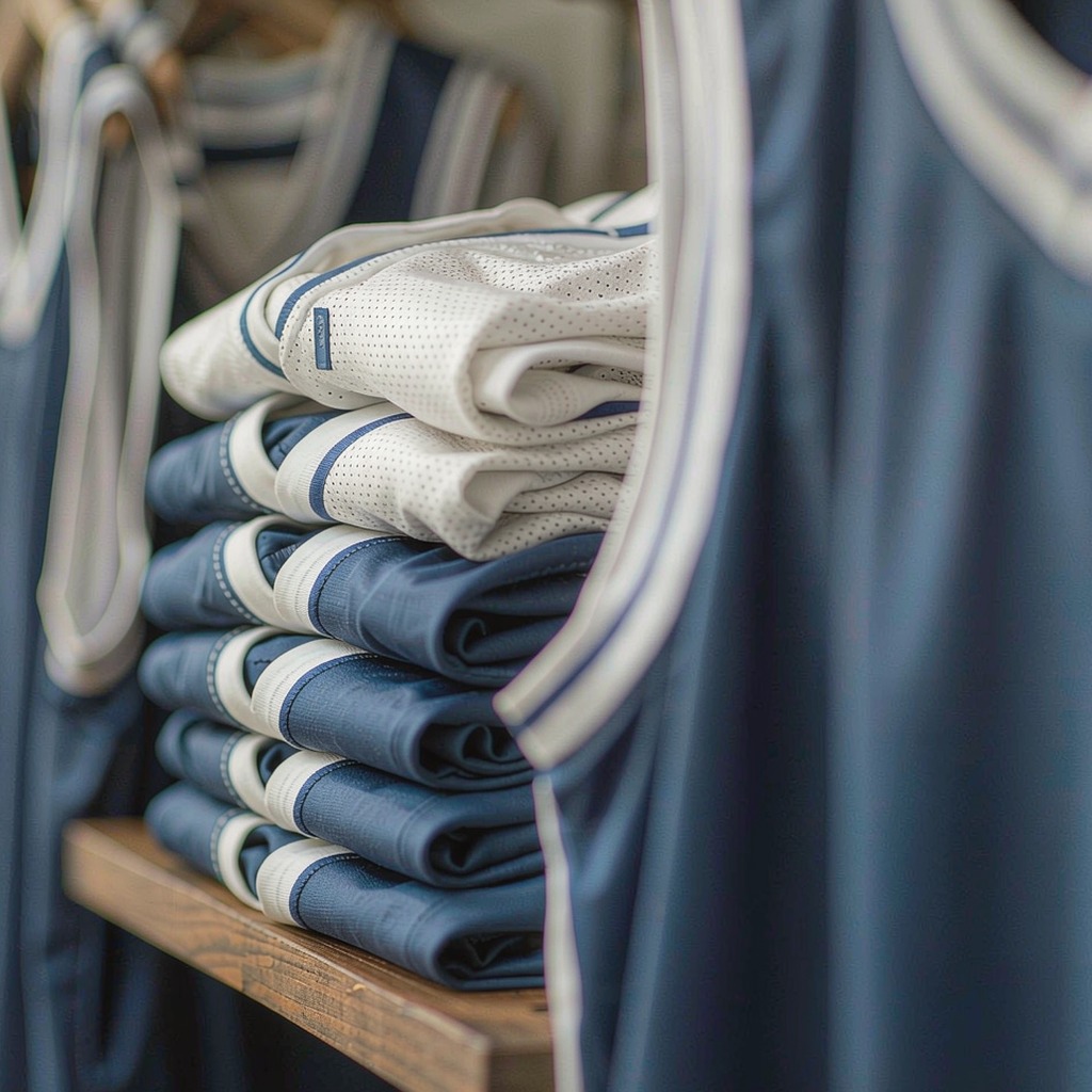 Stacked football jerseys on a shelf in team colours