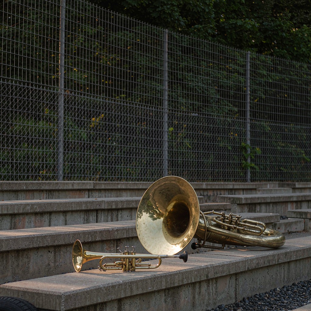 Brass band instruments resting on empty stadium bleachers