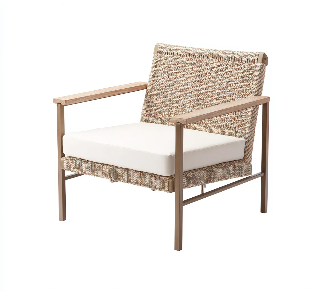 Wohnzimmer Sessel 76x80x84 cm Beige Stoff Rattan Metallrahmen moderner Naturstil