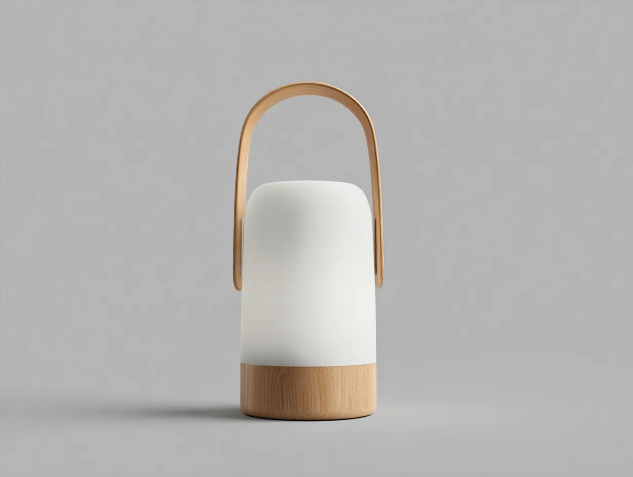 LED-Handlaterne Kunststoff und Holz 20×20×38 cm Weiß/Braun – kompakte Außenleuchte mit Holzsockel