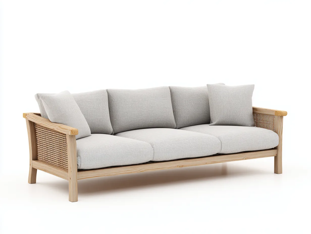 Wohnzimmer Sofa 220x88x82 cm Hellgrau Stoff Holz Rattanoptik natürlicher Stil