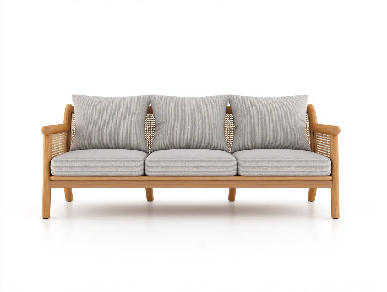 Sofa 218×84×80 cm Holz Hellgrau - skandinavisches 3-Sitzer Sofa mit Flechtdetails