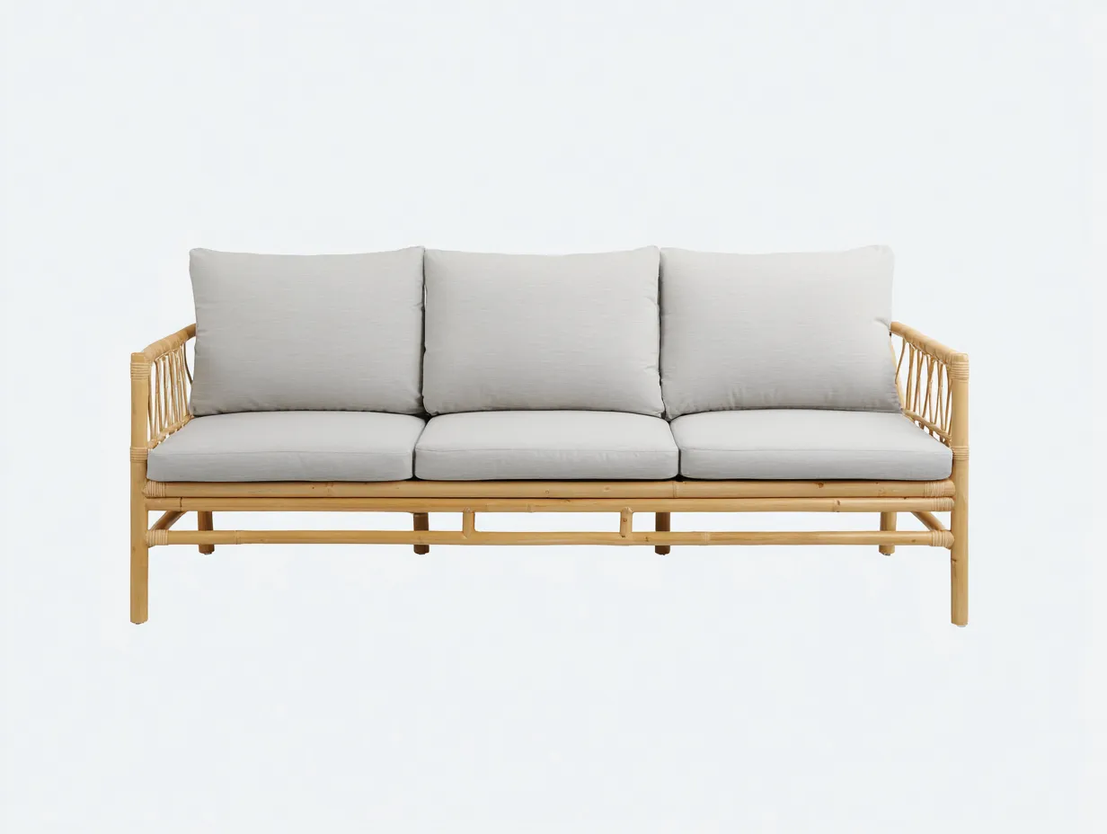 Wohnzimmer Sofa 215x86x80 cm Hellgrau Stoff Rattan Holz skandinavischer Stil