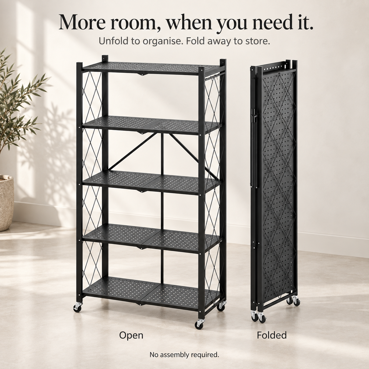 Rolling Storage Rack — Metal Folding Display Rack / Heavy-Duty Folding Shelving Unit; No Assembly Required; Suitable for Garages, Kitchens, Basements, and Storage Rooms.