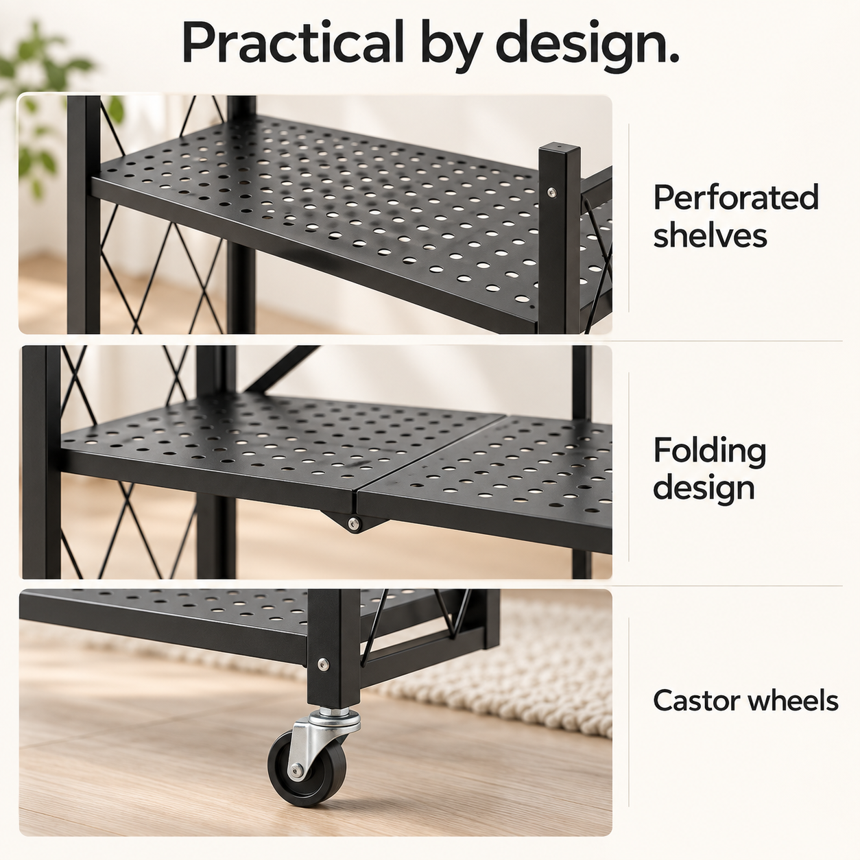 Rolling Storage Rack — Metal Folding Display Rack / Heavy-Duty Folding Shelving Unit; No Assembly Required; Suitable for Garages, Kitchens, Basements, and Storage Rooms.