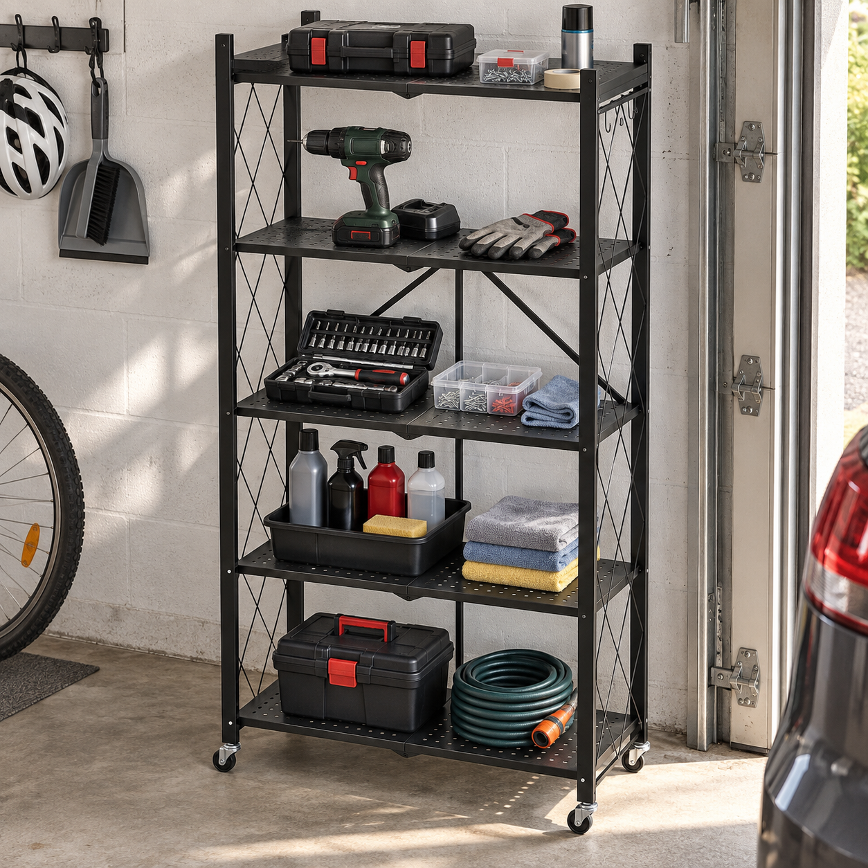 Rolling Storage Rack — Metal Folding Display Rack / Heavy-Duty Folding Shelving Unit; No Assembly Required; Suitable for Garages, Kitchens, Basements, and Storage Rooms.