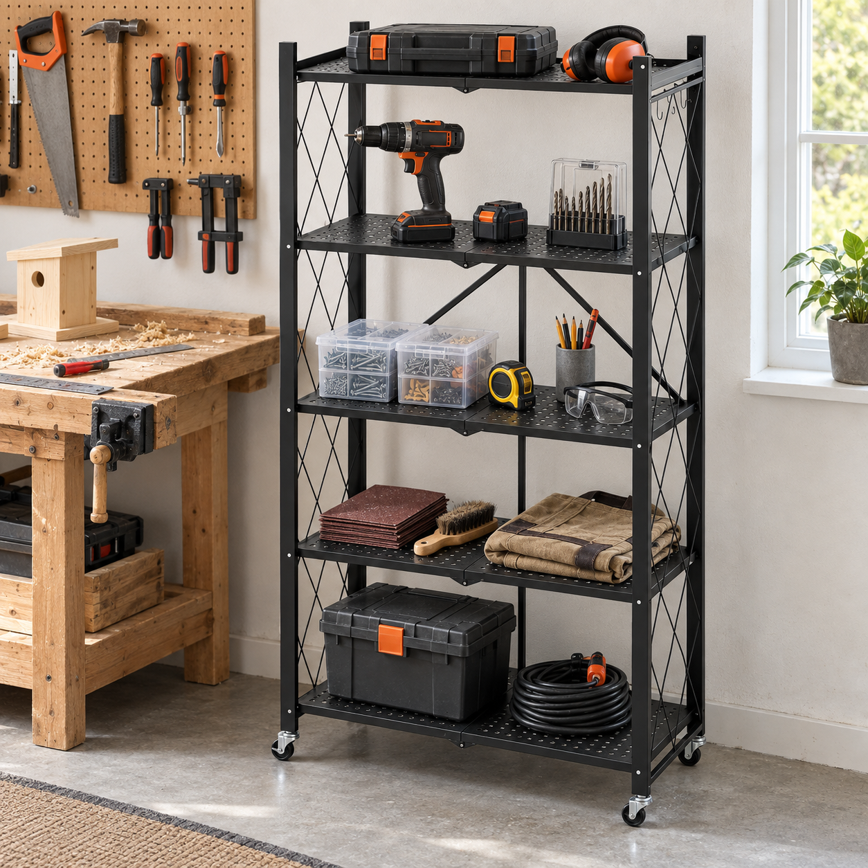Rolling Storage Rack — Metal Folding Display Rack / Heavy-Duty Folding Shelving Unit; No Assembly Required; Suitable for Garages, Kitchens, Basements, and Storage Rooms.