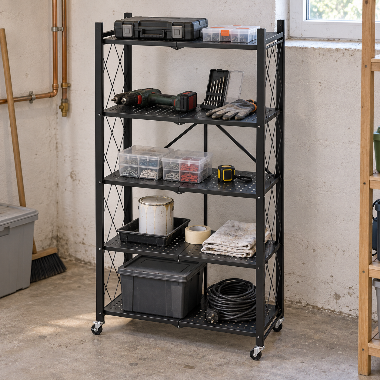 Rolling Storage Rack — Metal Folding Display Rack / Heavy-Duty Folding Shelving Unit; No Assembly Required; Suitable for Garages, Kitchens, Basements, and Storage Rooms.