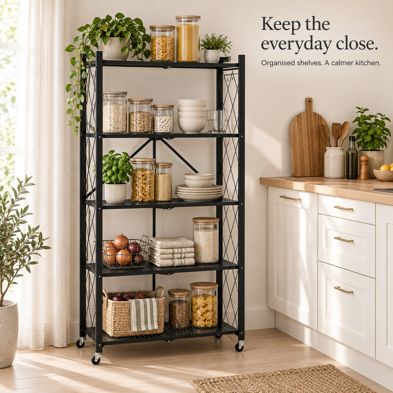 Rolling Storage Rack — Metal Folding Display Rack / Heavy-Duty Folding Shelving Unit; No Assembly Required; Suitable for Garages, Kitchens, Basements, and Storage Rooms.