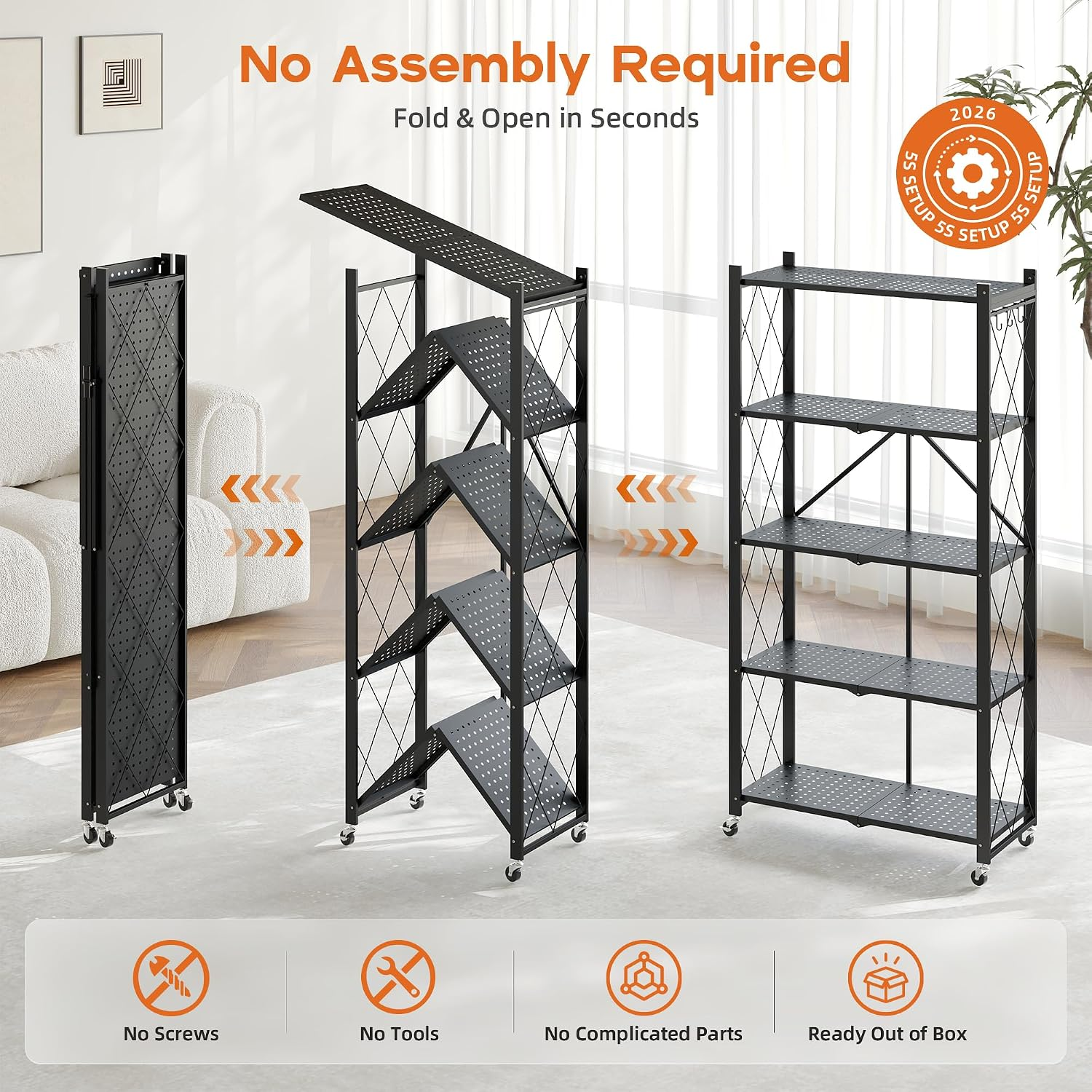 Rolling Storage Rack — Metal Folding Display Rack / Heavy-Duty Folding Shelving Unit; No Assembly Required; Suitable for Garages, Kitchens, Basements, and Storage Rooms.