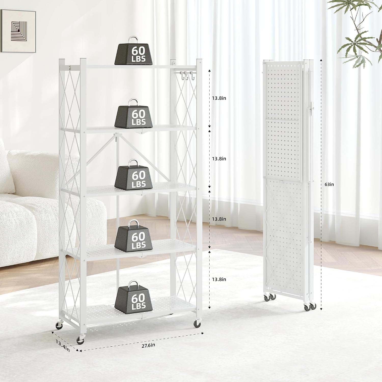 Rolling Storage Rack — Metal Folding Display Rack / Heavy-Duty Folding Shelving Unit; No Assembly Required; Suitable for Garages, Kitchens, Basements, and Storage Rooms.