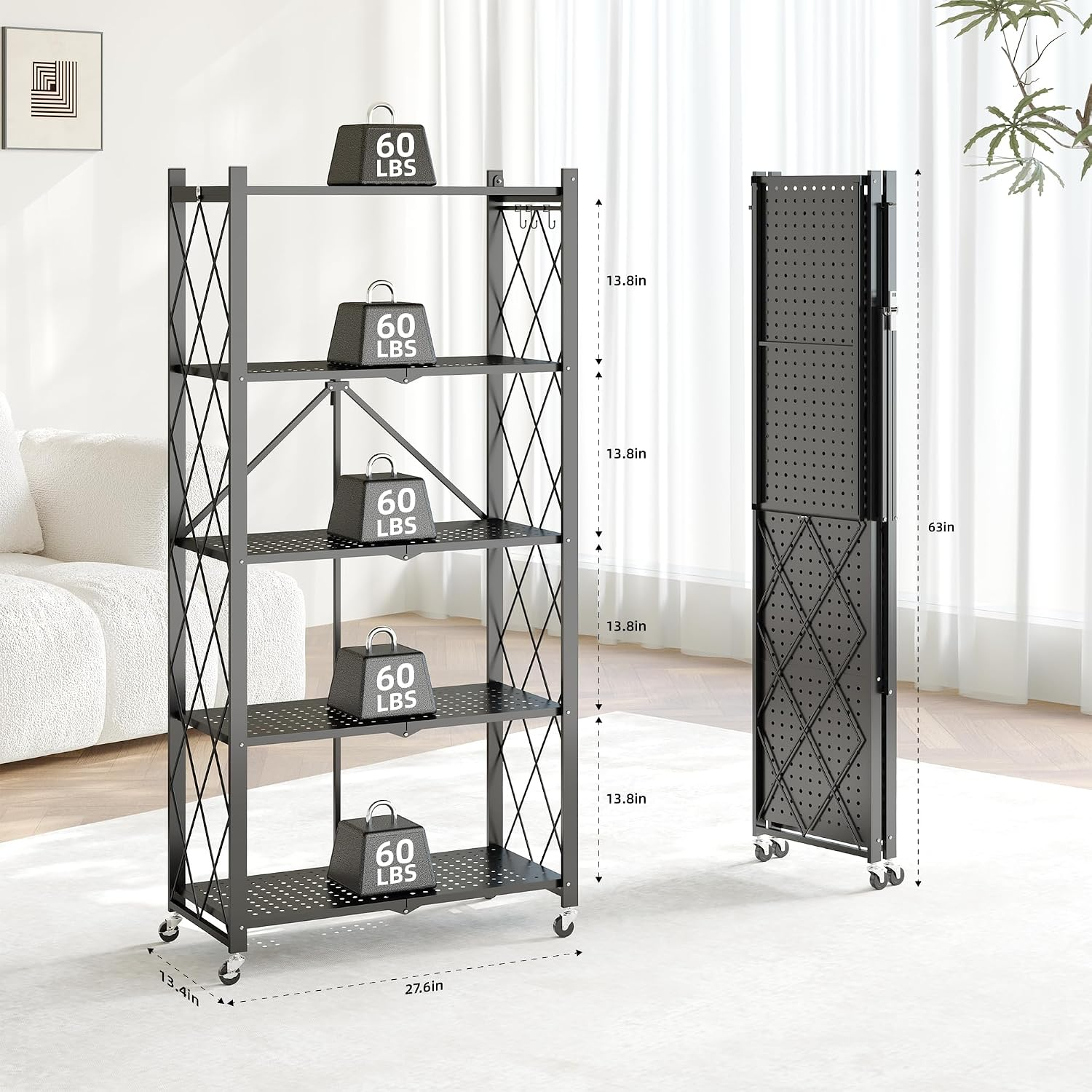 Rolling Storage Rack — Metal Folding Display Rack / Heavy-Duty Folding Shelving Unit; No Assembly Required; Suitable for Garages, Kitchens, Basements, and Storage Rooms.