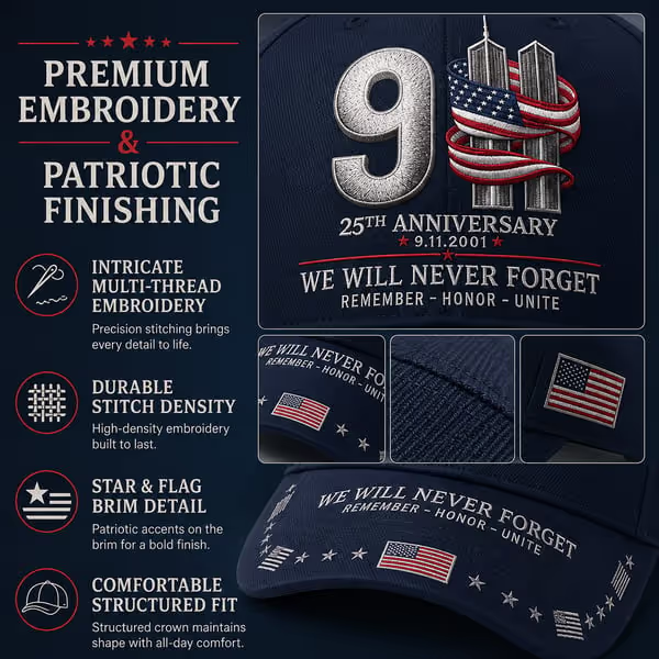 9/11 25th Anniversary We Will Never Forget Printed Memorial Baseball Cap