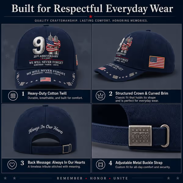 9/11 25th Anniversary We Will Never Forget Printed Memorial Baseball Cap