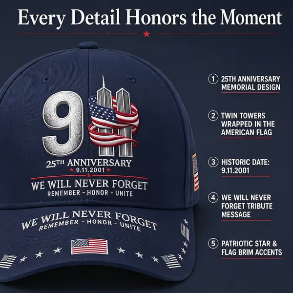 9/11 25th Anniversary We Will Never Forget Printed Memorial Baseball Cap