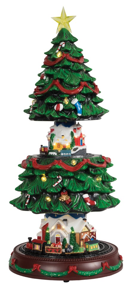 Expanded Christmas tree with a golden star, red garlands, miniature snowy houses, and trains