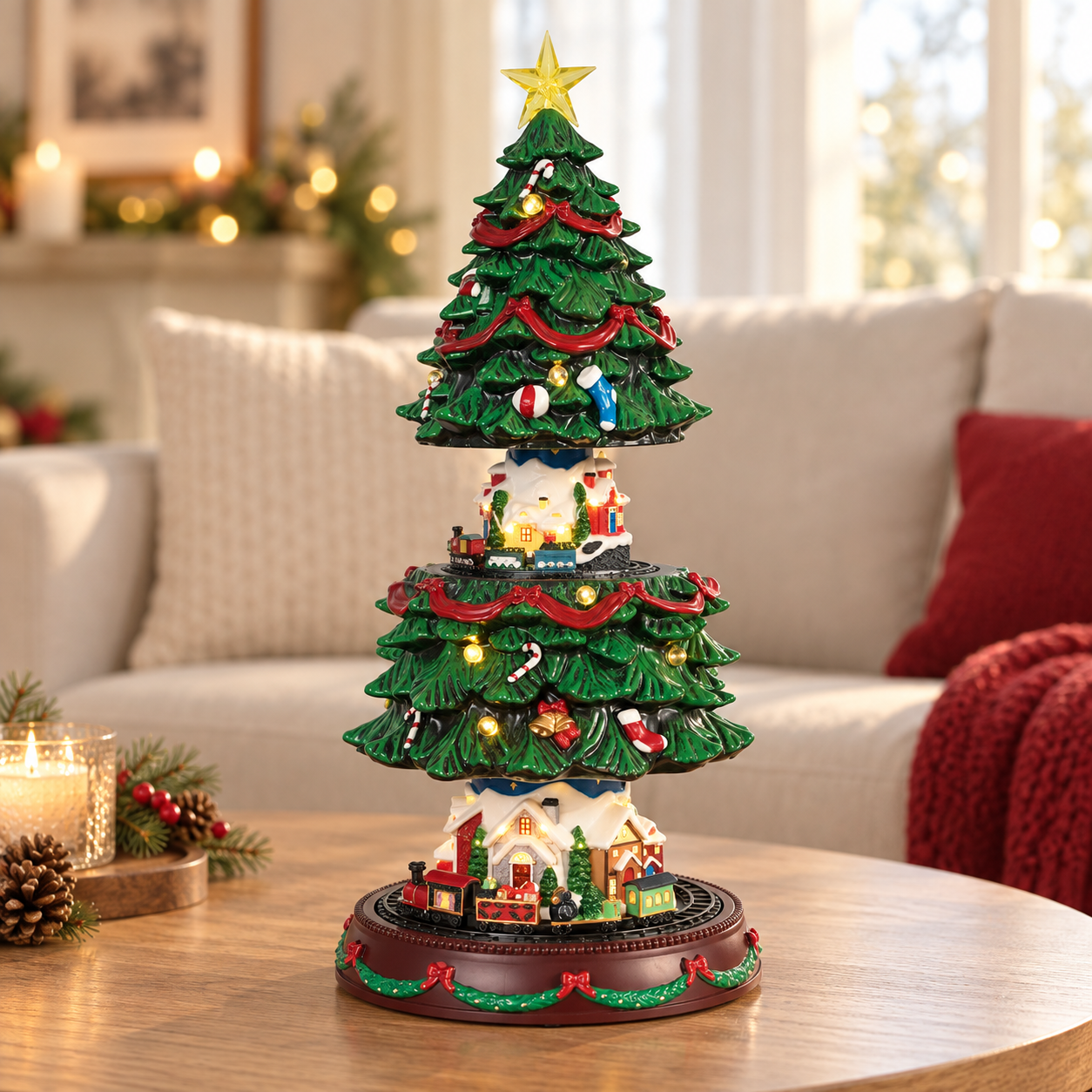 Expandable Musical Christmas Tree with Miniature Village & Train