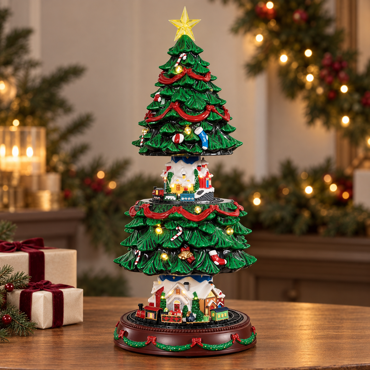 Expandable Musical Christmas Tree with Miniature Village & Train