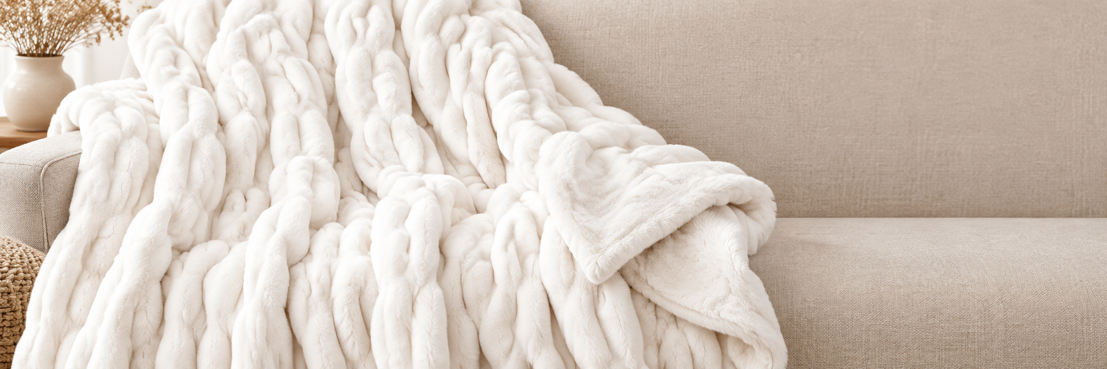 Wide detail of the white faux-fur blanket with its corner turned back to reveal the plush reverse