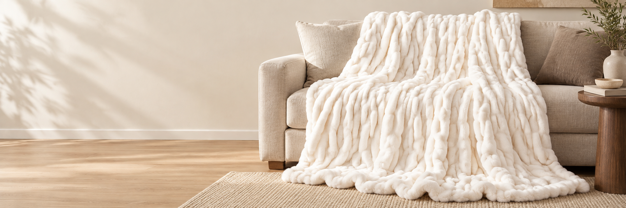 White sculpted faux-fur throw draped over an oatmeal sofa in a warm neutral living room