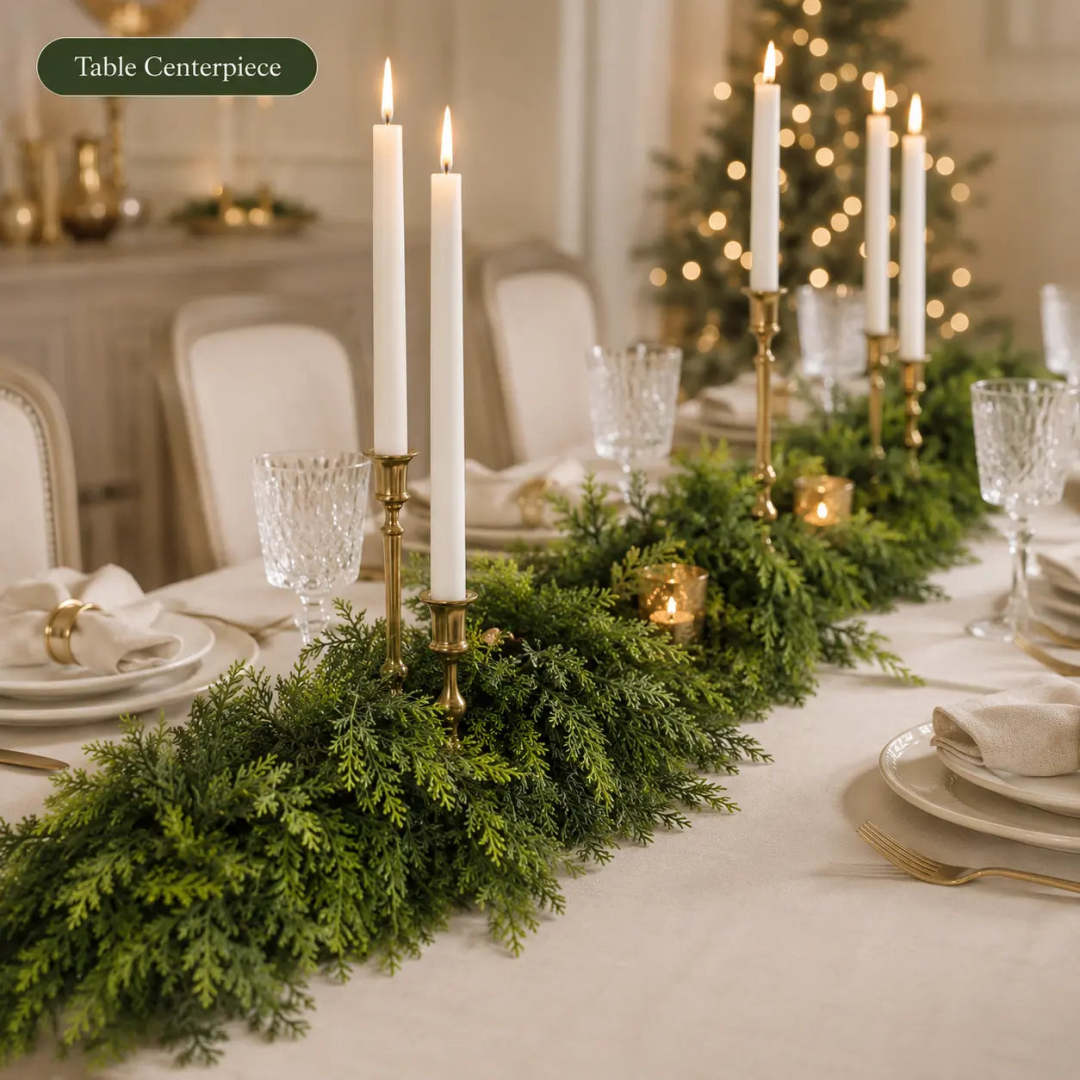 Artificial cedar garland styled along a festive dining table