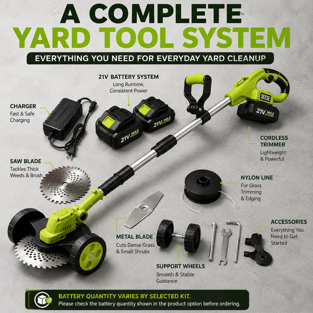 Complete cordless grass trimmer yard tool kit with accessories