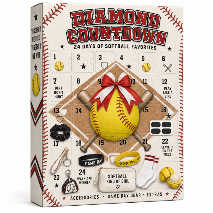 Diamond Countdown softball advent calendar with 24 numbered doors and a yellow softball design