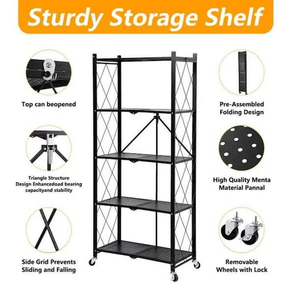 Bunpeony 5-Tier Black Foldable Metal Rack Storage Shelving Unit, Kitchen  Shelf with 3-Hooks ZMCT109-5 - The Home Depot