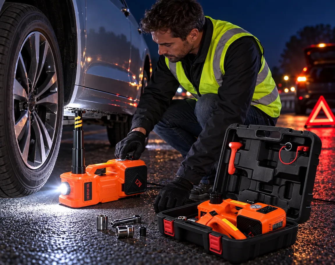 Electric jack LED light illuminating a roadside work area
