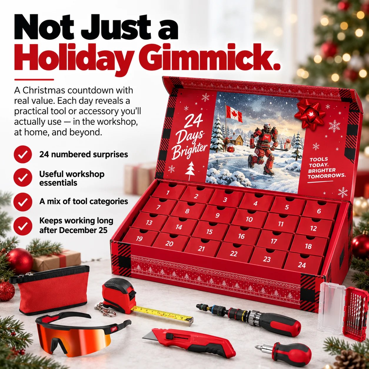 Open tool advent calendar with numbered Christmas countdown compartments