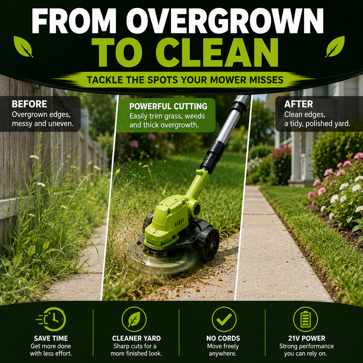 Before and after yard cleanup using cordless grass trimmer