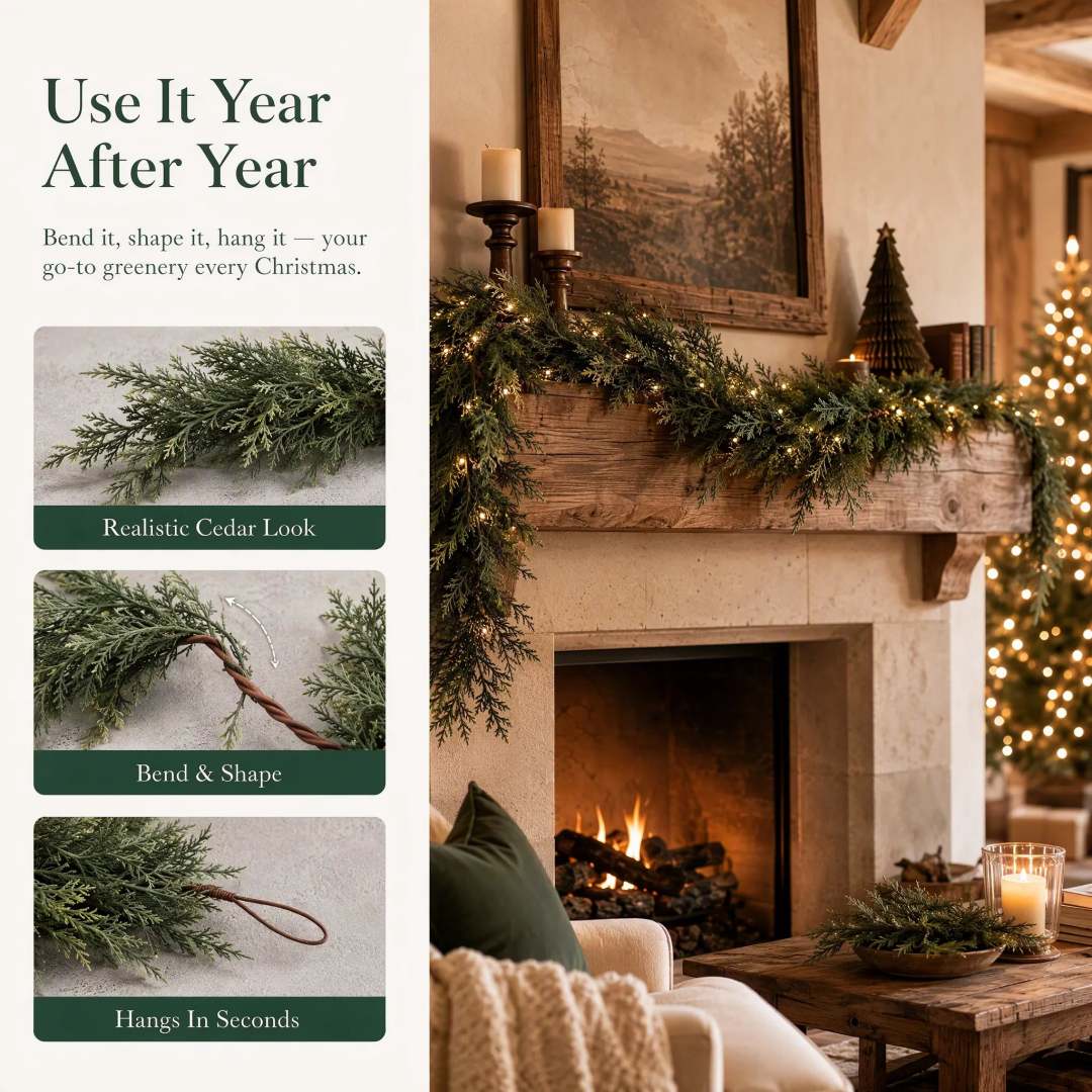 Cedar foliage, flexible wired stem and hanging loop details beside a mantel display