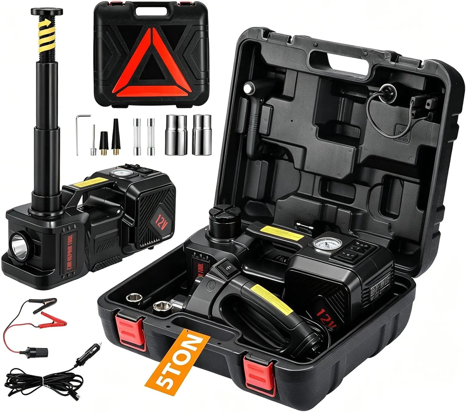Electric Car Jack Kit 5 Ton 12V with Impact Wrench, Tire Inflator & LED Light