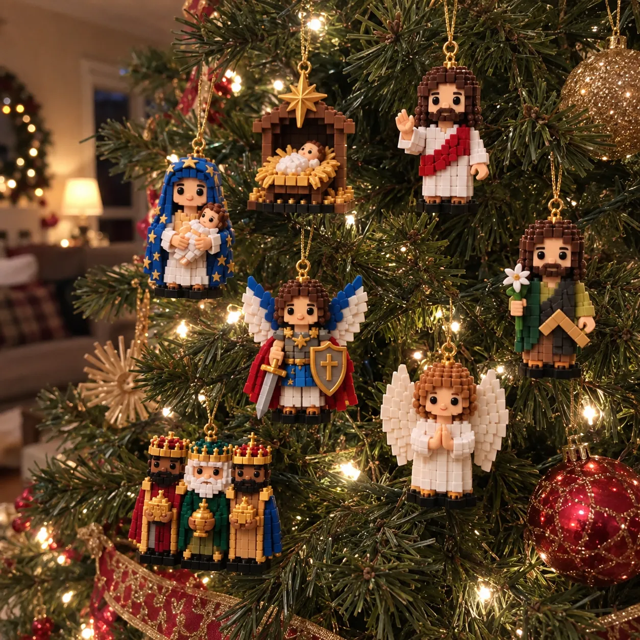 Customer photo showing the Holy Story mini brick ornament collection arranged across a Christmas tree