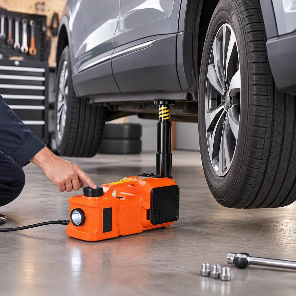 Electric jack lifting a vehicle beside a wheel
