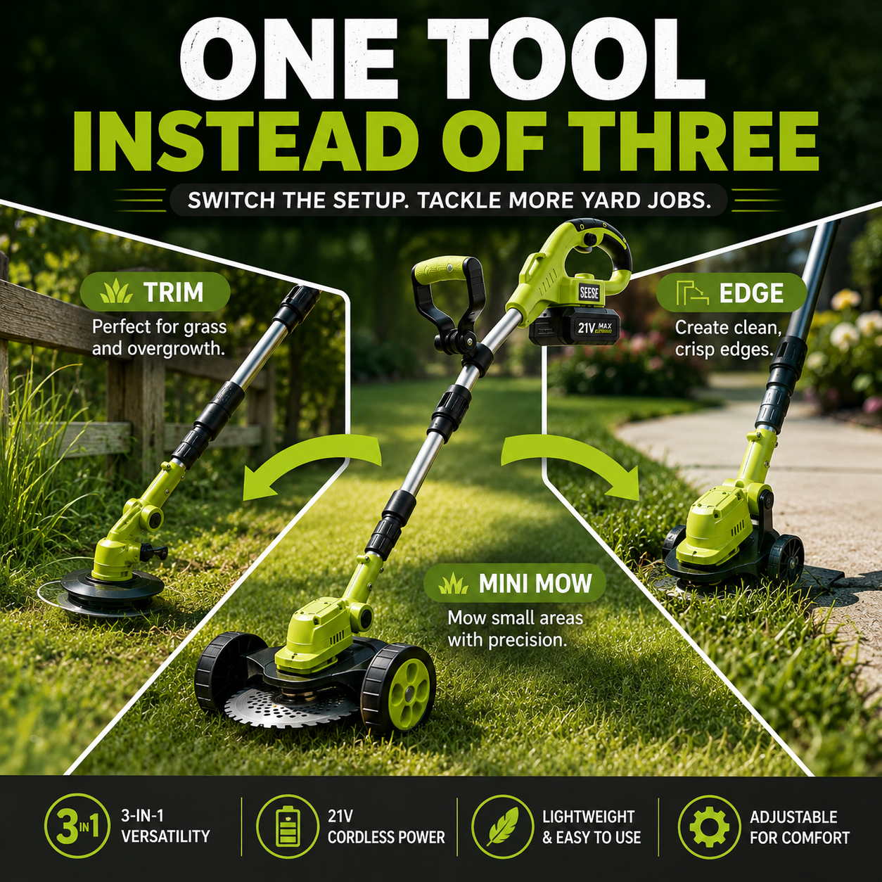 Three in one cordless grass trimmer edger and mini mower functions