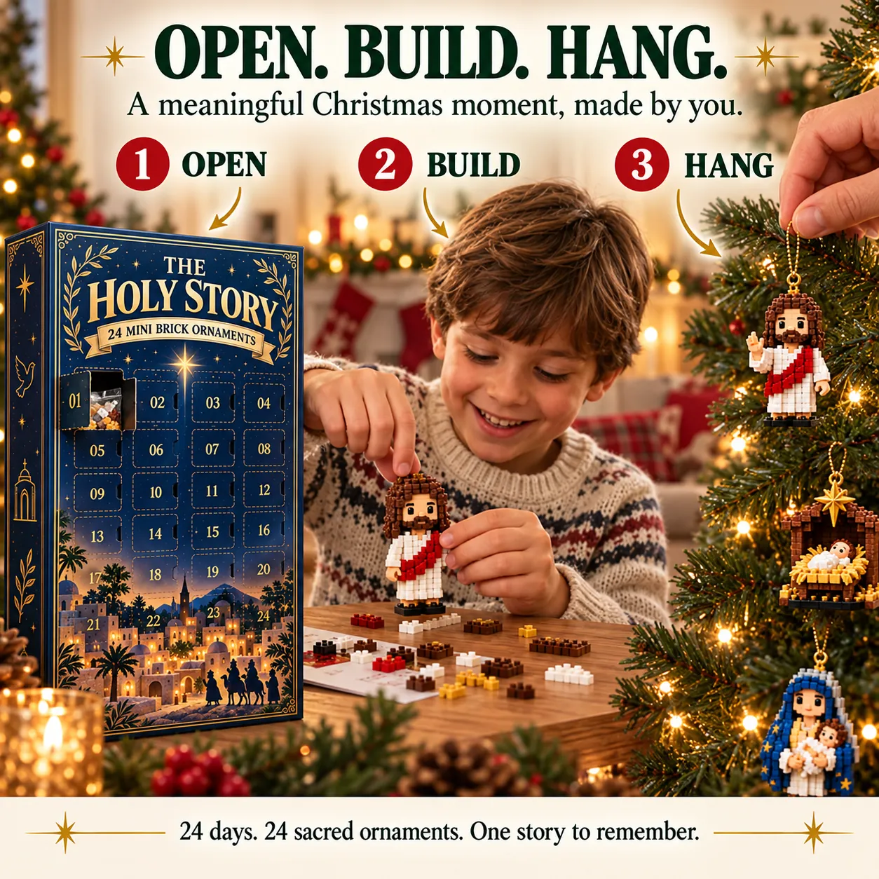 Open, build and hang: an Advent calendar door, a child building a mini brick ornament, and finished ornaments on a Christmas tree