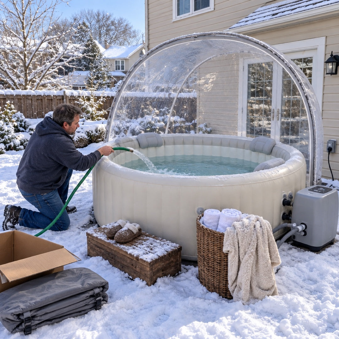 Setting up the Winter Edition hot tub in the snow — filling it with a garden hose, the heater pump plugged in beside the patio door