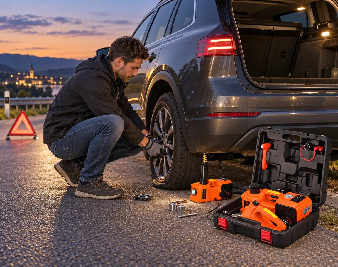 Driver preparing for a flat tire at dusk with the car jack kit