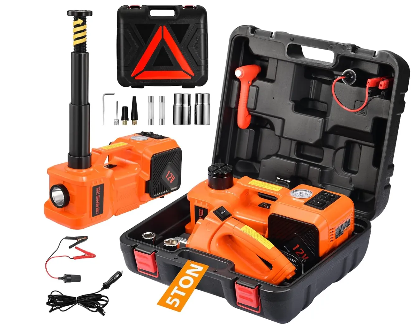 Electric car jack kit with impact wrench, tire inflator and carrying case