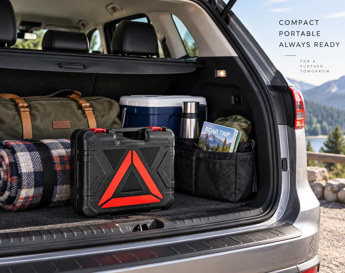 Portable carrying case stored in a vehicle trunk