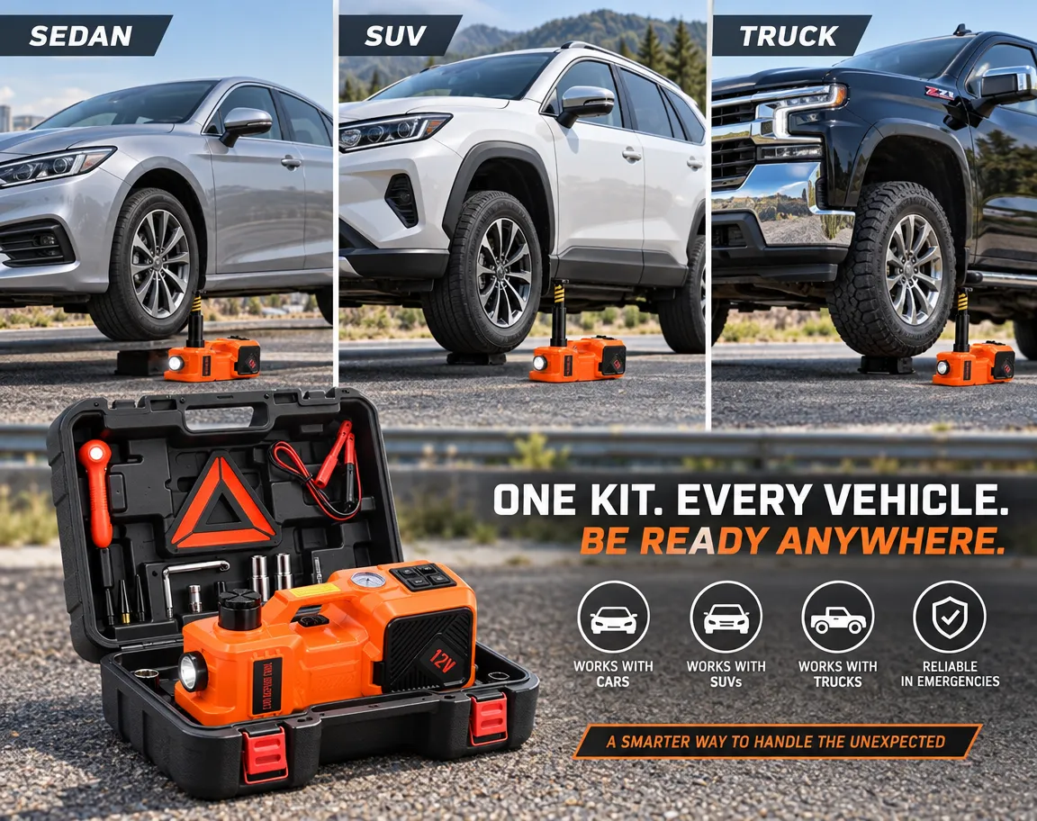 Car jack kit shown with sedan, SUV and truck examples